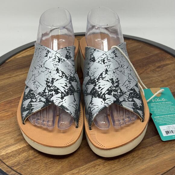 Olukai Ohohi Leather Slide Wedge Sandals Black/Silver Women's 9 NWT - Picture 3 of 10